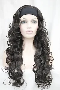 vogue 3/4 wig with headband dark brown curly womens long half wigs hairpiece