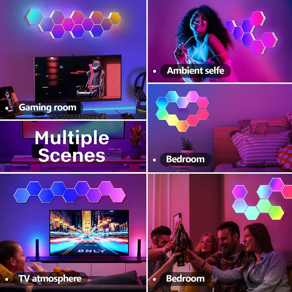 RGB 스마트 육각 벽 램프, 색상 변경 주변 야간 조명, DIY 모양 음악 리듬 앱, 게임 룸 침실용 지능형