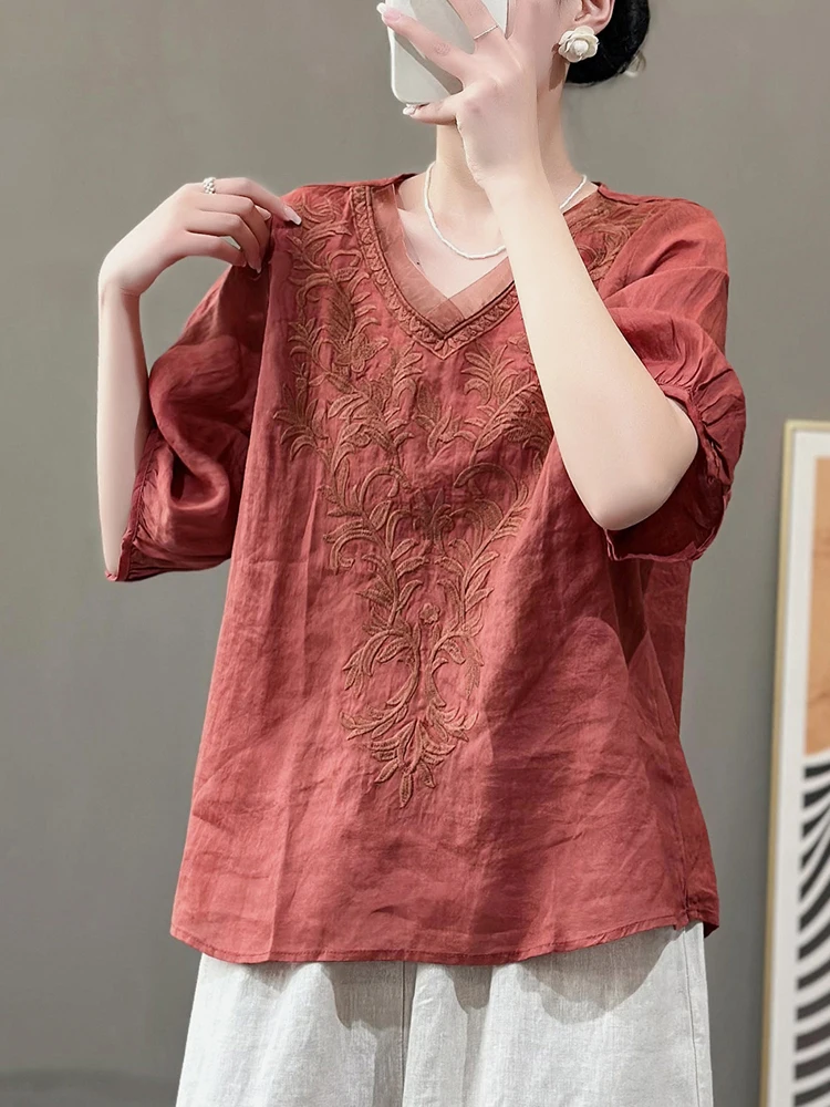 

Summer New Womans Embroidery Cotton T-shirts Causal Solid V Neck Short Sleeve Tee Loose Vintage Female Harajuku Blouse Lady Tops