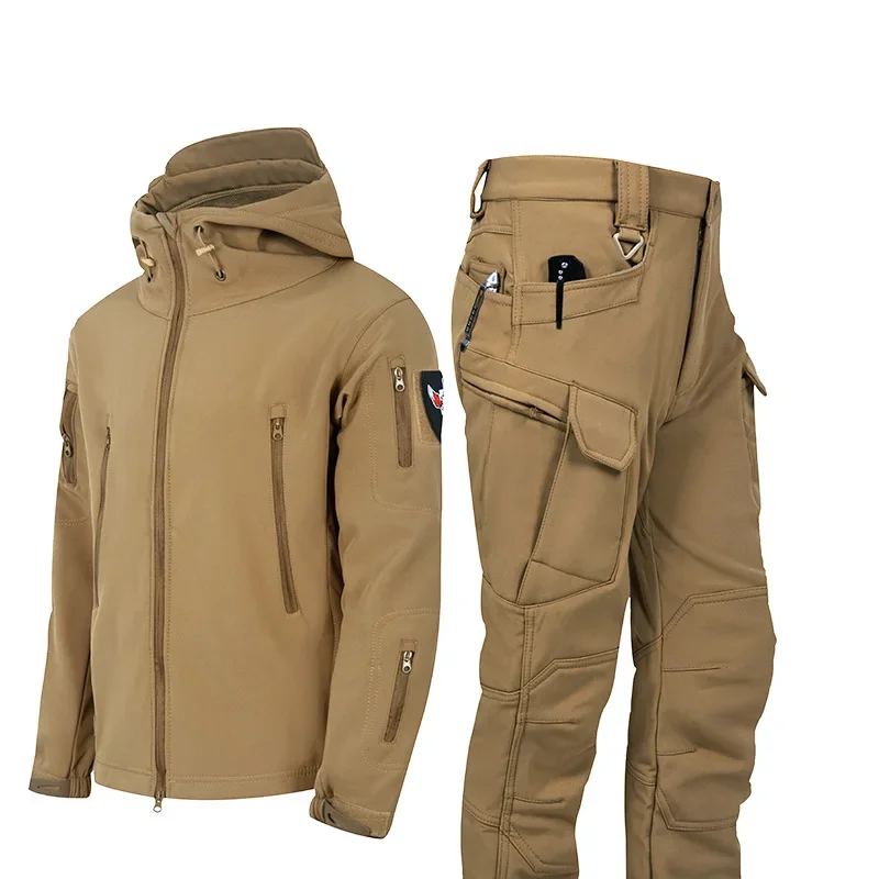 

2024 New Winter Special Tactics Training 5XL Soft Shell Plush Thick Waterproof Windproof Hooded Warm Jacket and Pants