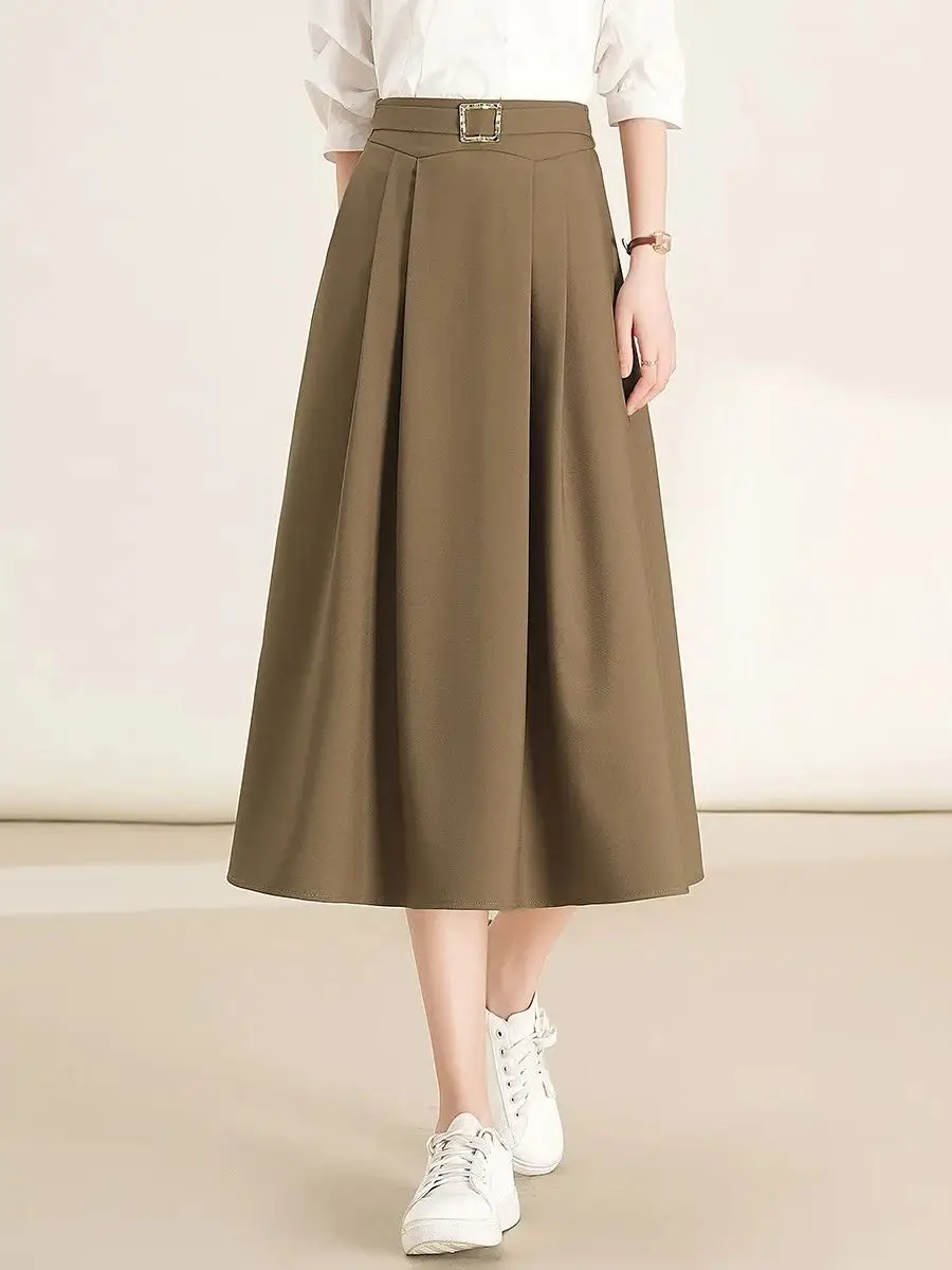 LOUIS YAO Women Skirt 2024 Spring and Summer High Waist Fake Belt Decoration Casual A-line Long Khaki Black Skirt