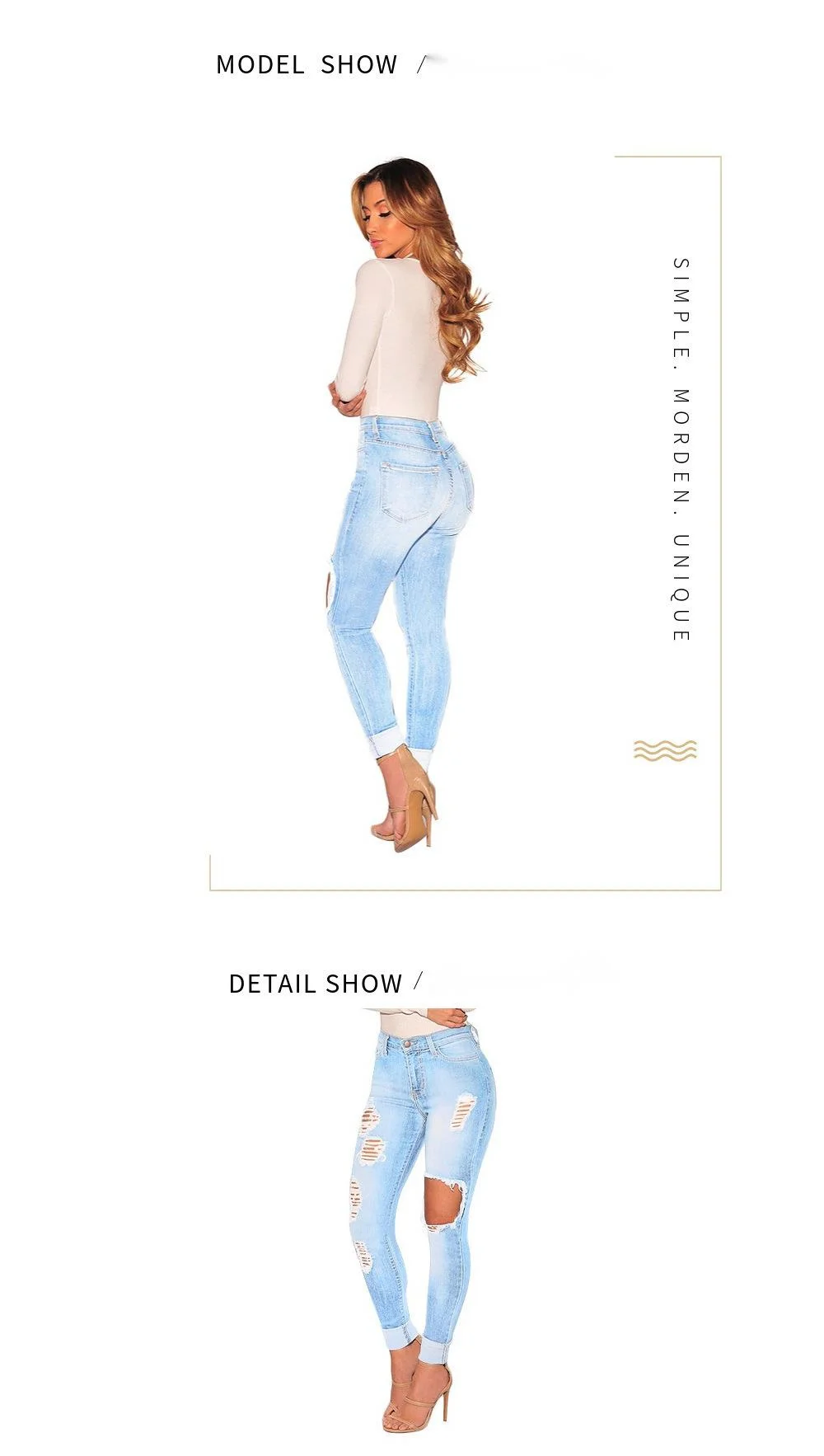 2022 New Perforated Slim Fit High Elastic Jeans Women's Pants_voghion.com