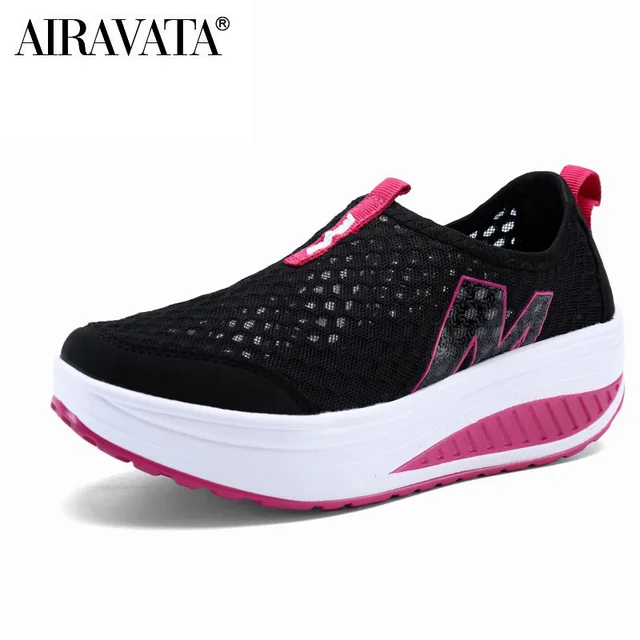 Women Casual Breathable Sneakers Lady's Shake Fitness Sport Shoes Fashion Mesh Fabric Slip-on Shoes Black