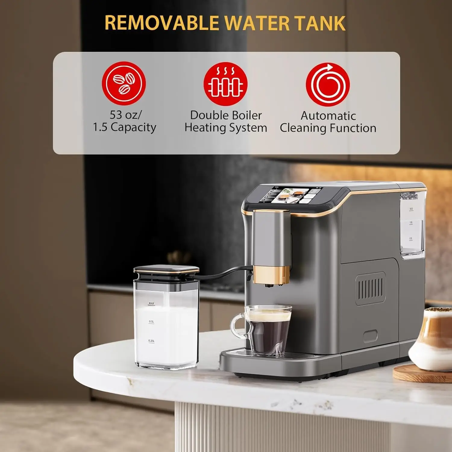 Grey Gold Fully Automatic Espresso Machine, 20 Bar Coffee Machine with Grinder & Automatic Milk Frother, One-Touch Control Panel