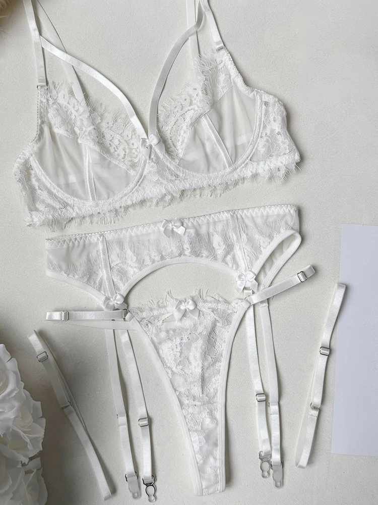 Wedding White Lingerie Lace Erotic Underwear 4-Pieces Sexy Lingery Women Transparent Bra Panty Set Fancy Luxury Exotic Sets