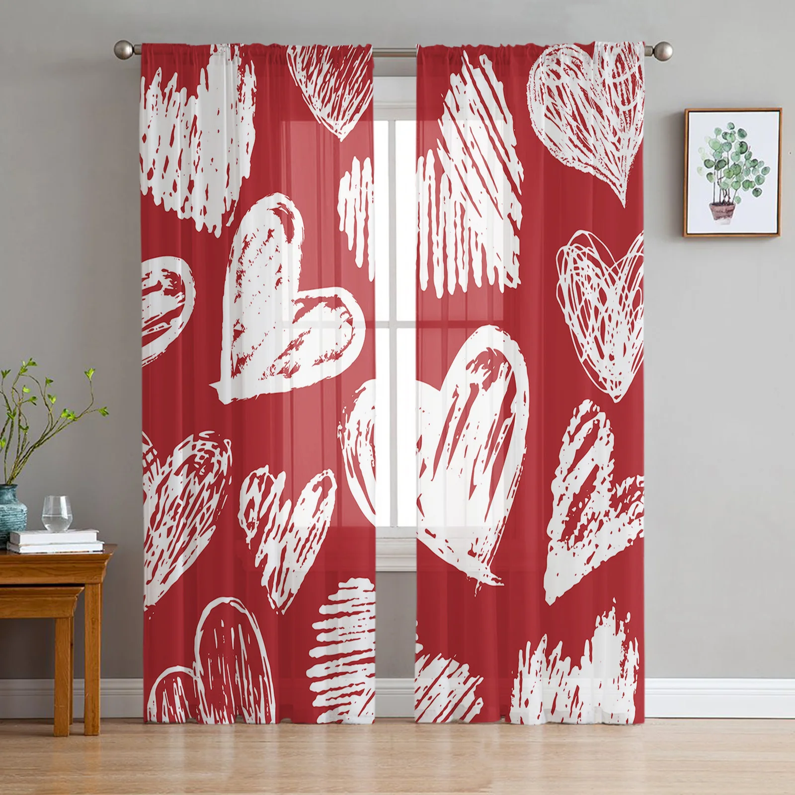

Valentine'S Day Love Hand Drawn Tulle Curtains for Living Room Sheer Curtain for Bedroom Kitchen Blinds Voile Curtains