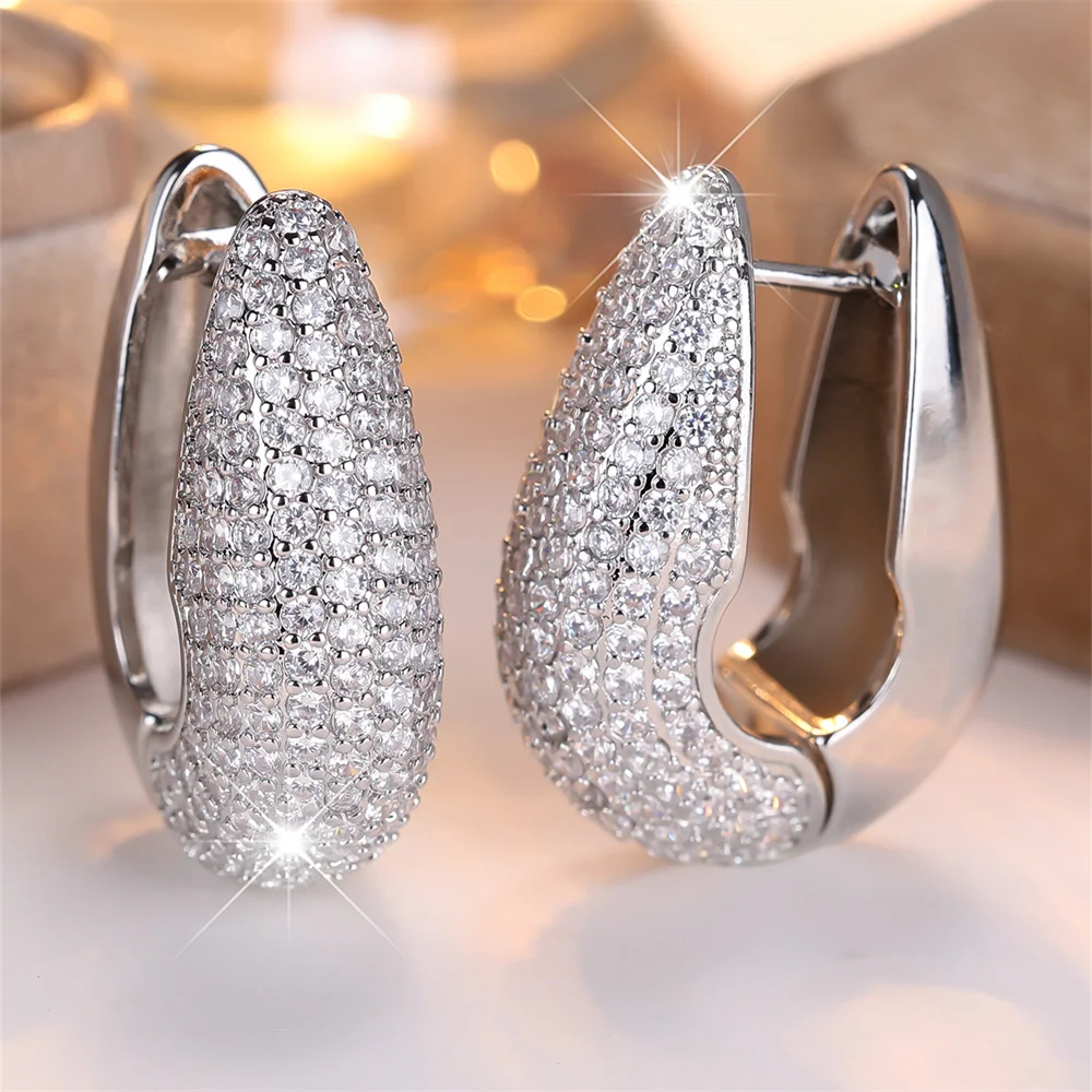 White Zircon Full Stone U Shaped Hoop Earrings For Women Vintage Gold Silver Color Ear Buckle Wedding Jewelry Versatile Gifts