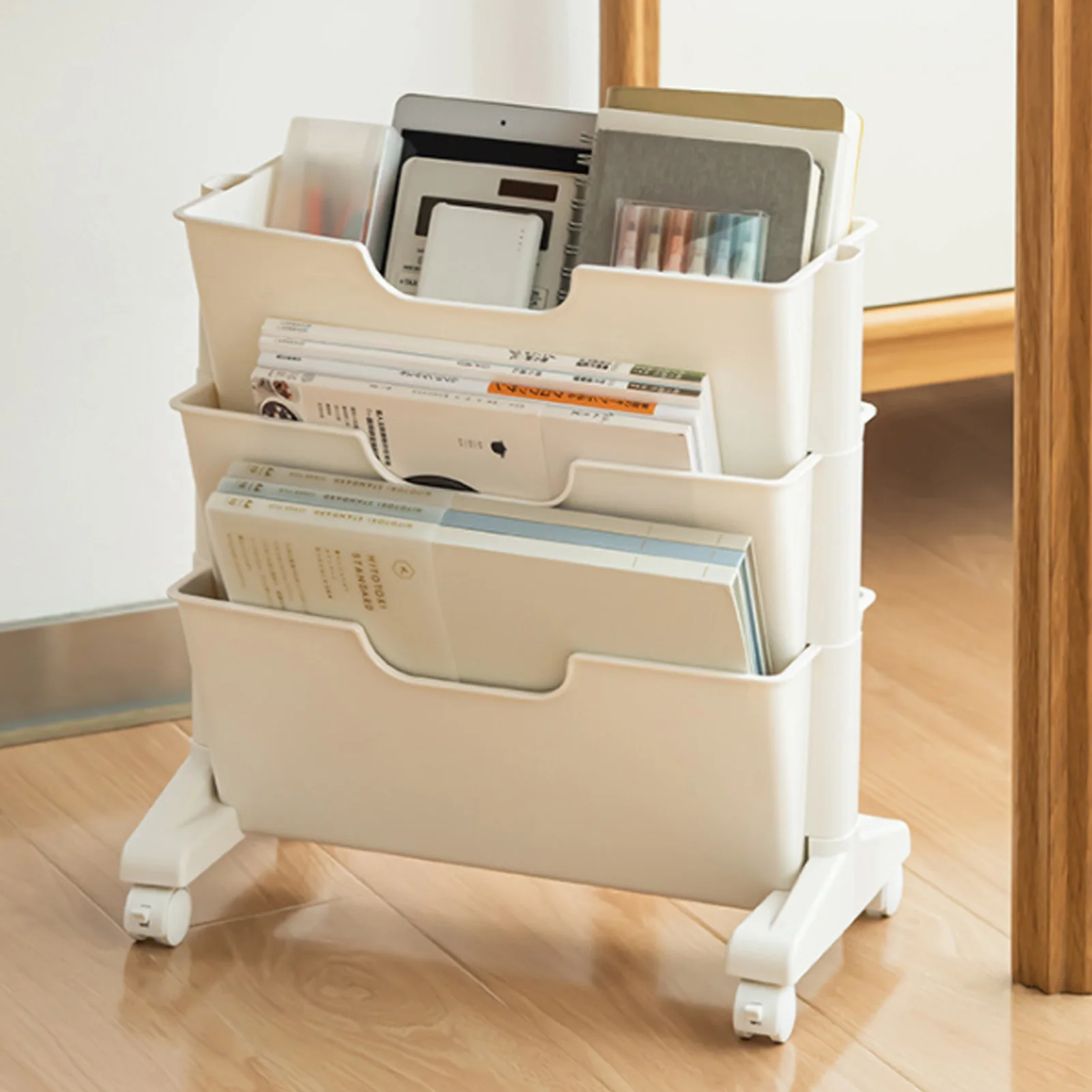 

Movable Bookshelf White 3 Layers Large Capacity Universal Wheel Plastic Material Mobile Bookshelf For Room