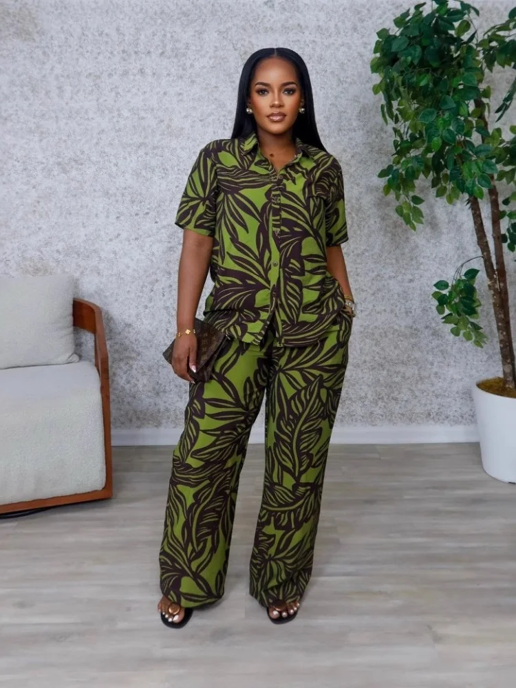 Wmstar Two Piece Sets Women Wholesale  Printed  Short Sleeve Top High Waist Elastic Wide Leg Trousers Suit Matching Suit Summer
