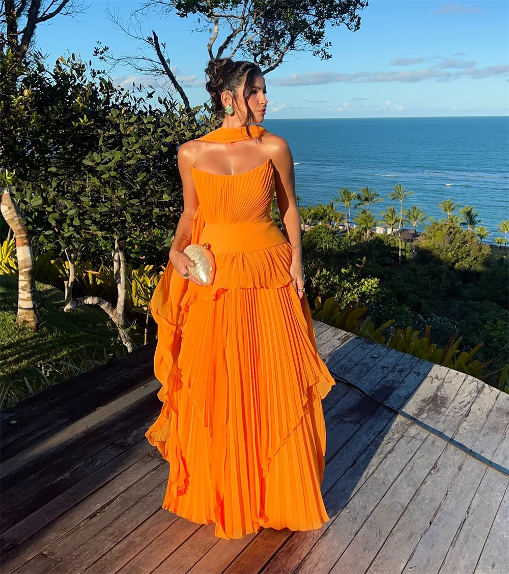 Cathy Customize Orange Draped Chiffon A-line Prom Dress Simple Strapless vestidos de noiva Floor-length Evening Dresses 2025 - Image 2