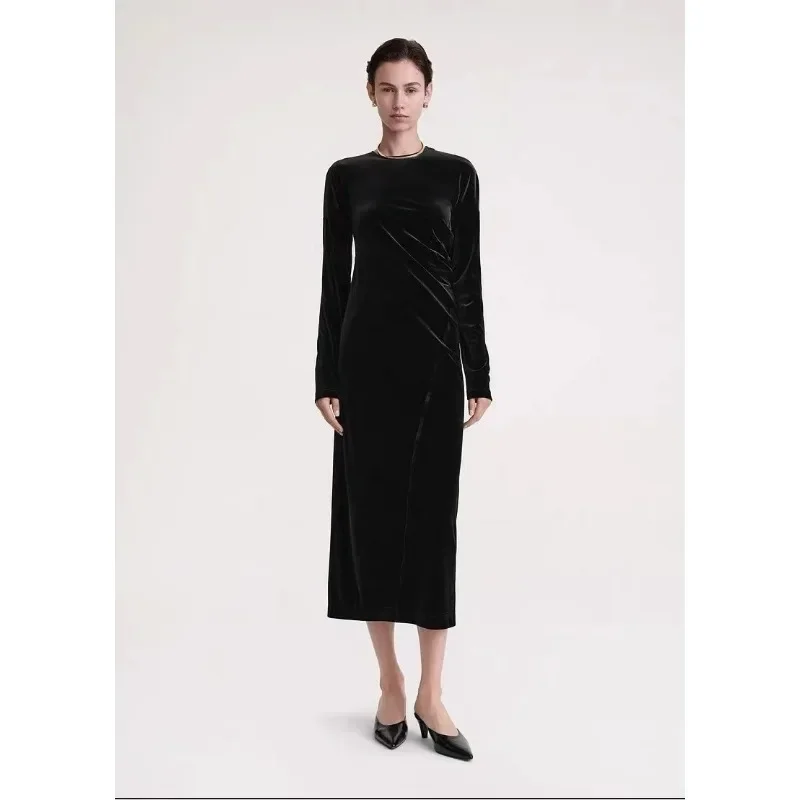

TT@ Spring 2024 Women Dress Velvet Full Sleeve Slim Straight Shape Elegant Luxury Celebrity Ankle-Length High Quality