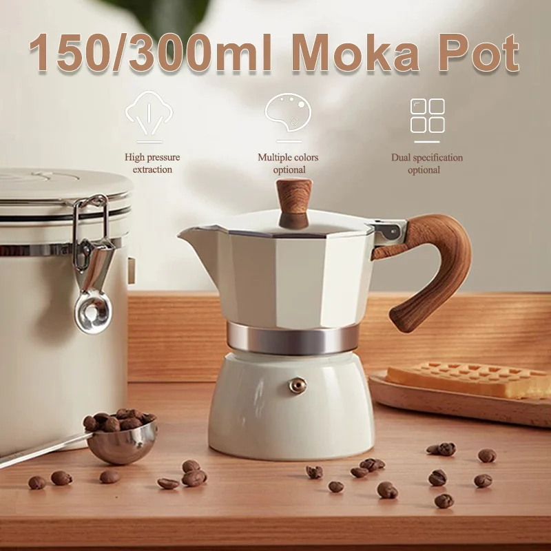150/300ml Moka Pot Wooden Handle Italian Espresso Maker espresso coffee maker coffee maker coffee pot espresso maker Food Grade Hand Brewing Mocha Coffee Pot Household Coffee Accessories