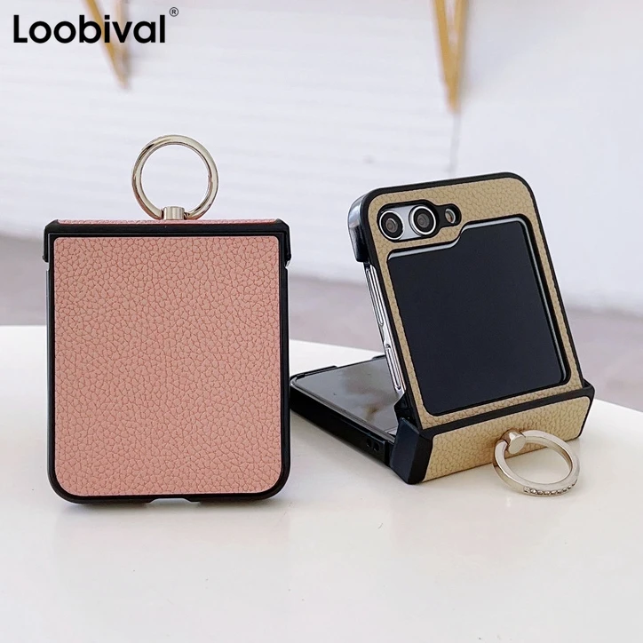 Luxury Litchi Grain Leather Case with Metal Ring Rotating Stand