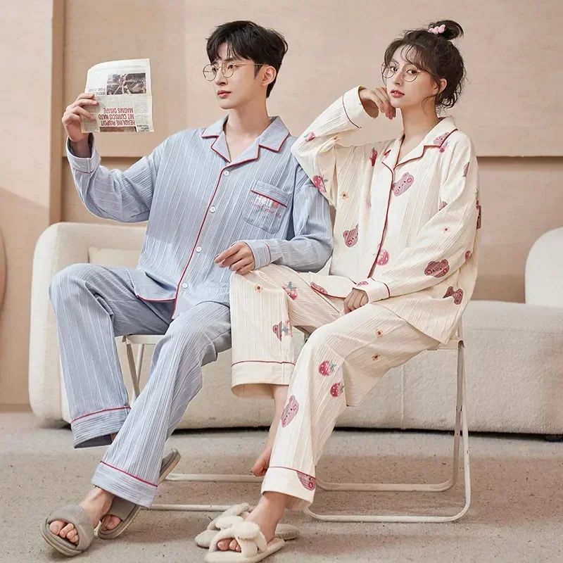 

Cotton Sleepwear Set Men Kinitted for Pyjama Autumn Spring Fashion Pjs New Pajamas Sets Ins Women Leisure Pijamas Couple