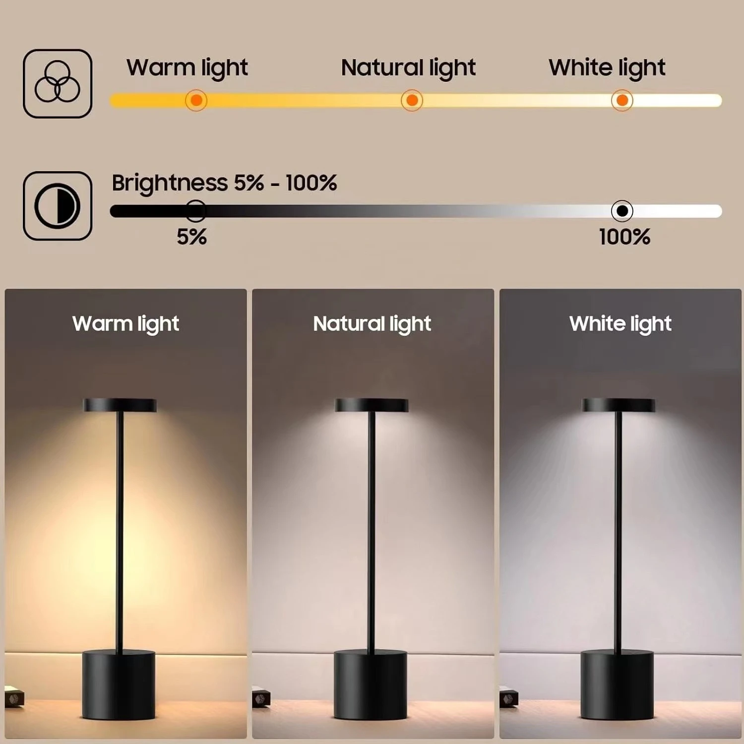 Table Lamp USB Metal Rechargeable Desk Light 3Colors Adjustable Creative Ambient Desktop Mood Mini Lighting Bedside Decorative 3