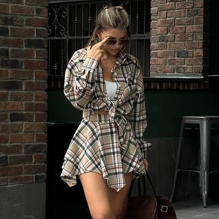 Vintage Contrast 2 Piece-Set Skirt For Women Long Sleeve Slim Patchwork Coat And High Waist Skirt Outfits Ladies Clothes