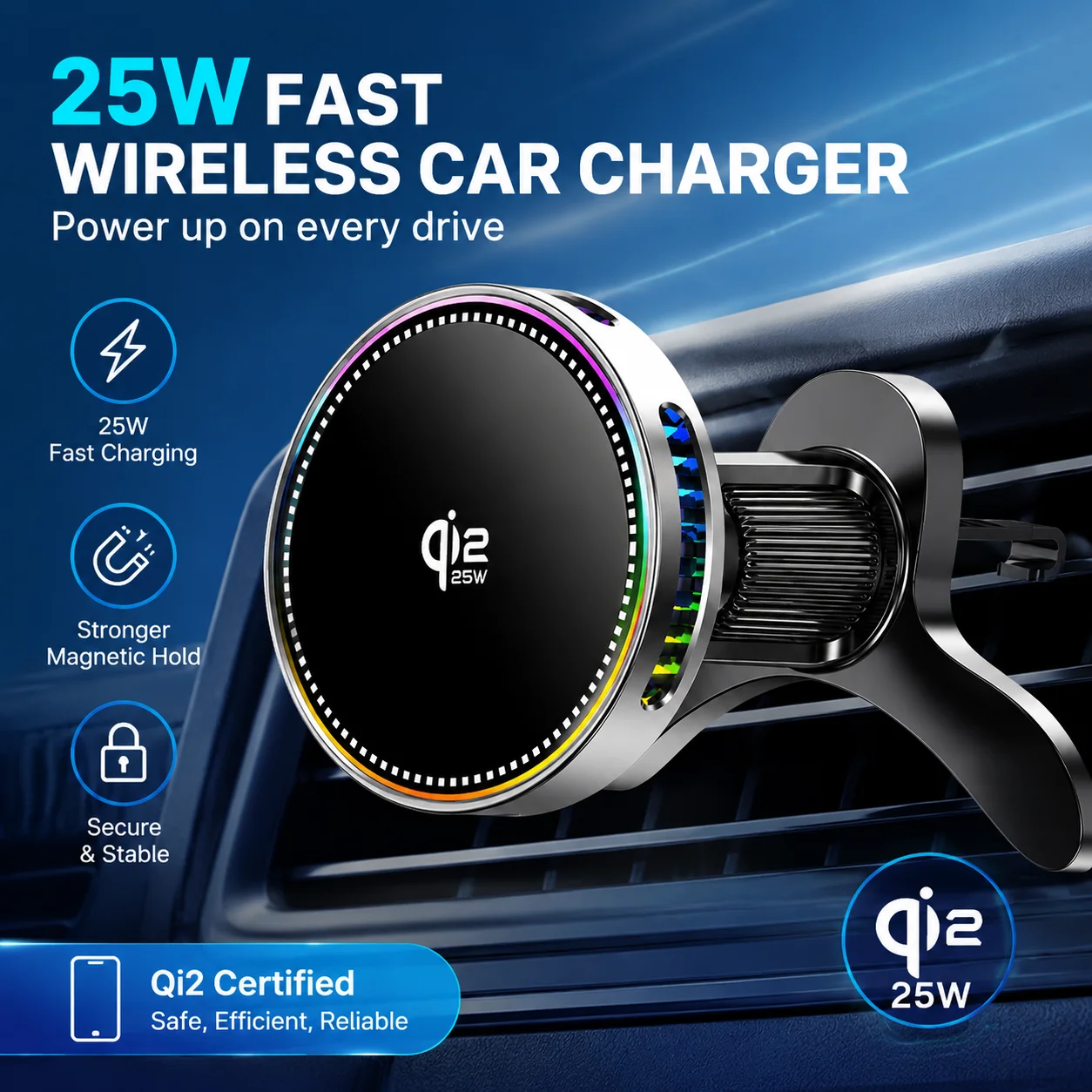 Qi2 25W Magnetic Wireless Charger Stand with Air-Cooling Fan and Car Charger