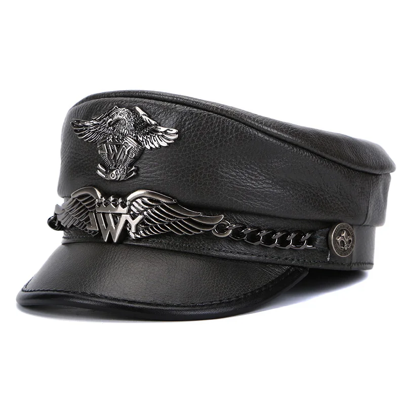 Unisex German Military Cap Man Genuine Leather Flat Top Hat Korean Fashion Eagle Mark Chain Punk Locomotive Casquette Male 5.0 flat cap leather hat