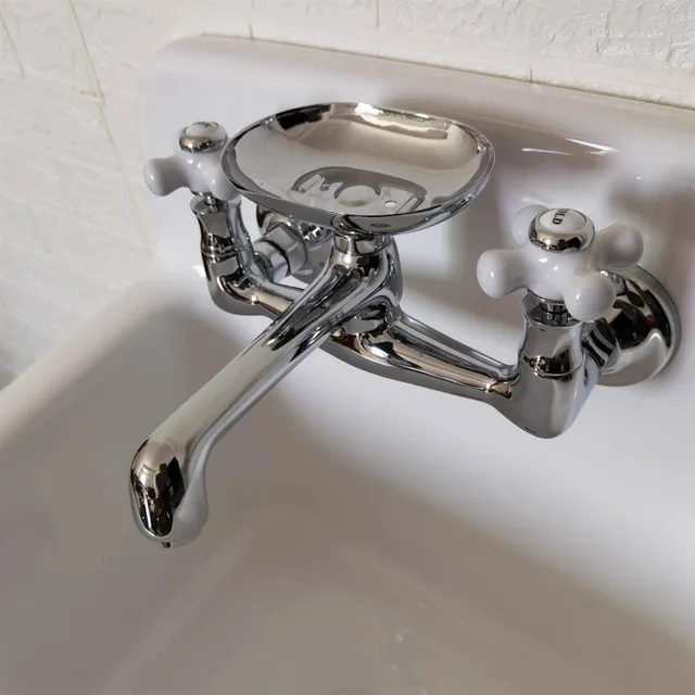 Tuqiu ก๊อกน้ําอ่างล้างหน้าห้องน้ําติดผนังร้อนและเย็น Ceramica จับยุโรปสไตล์อ่างล้างจานพร้อมจานสบู่ 5