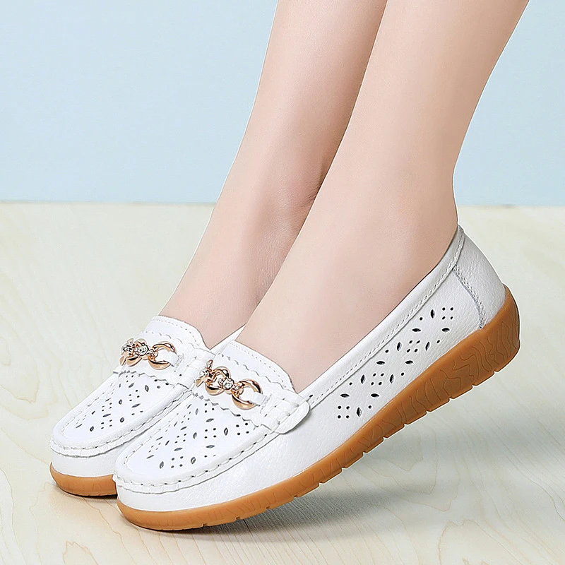 Shoes for Women Summer Casual Shoes Leather Ladies Breathable Flats Cut Out Women's Loafer Office Slip-on Moccasins