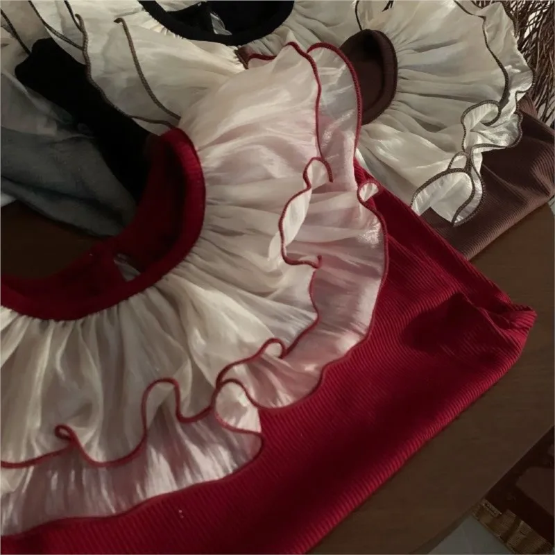 Baby Girl Princess Cotton Tshirt Lace Petal Collar for kids shirts