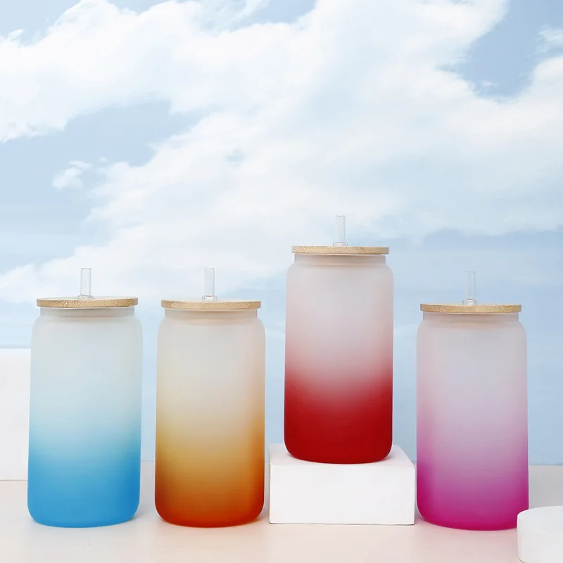 16oz Water Bottle with Straw Juice Glass Beer Can Gradient Color Milk Mocha Cup with Bamboo Wooden Lid Household Drinking Cups