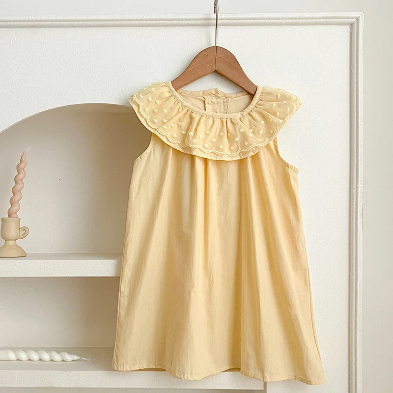 

Summer Dress Kids Baby Girls Fashion Ruffled Lace Collar Clothes Children Sleeveless Solid Color Backless Cotton Dresses Toddler
