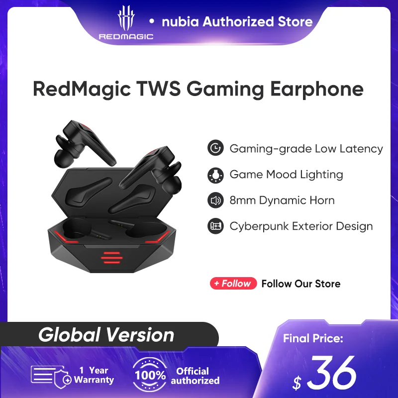 

Nubia RedMagic TWS Gaming Earphone for Redmagic 8s pro Wireless Bluetooth Earbuds 39ms Low Latency 4-16 Hours Battery Life