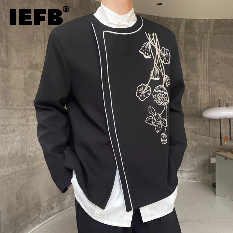 

IEFB Round Collar Male Suit Jackets New Stylish Embroidery Contrast Color Baggy Men's Blazer Chinese Style Spring Fashion 9C4566