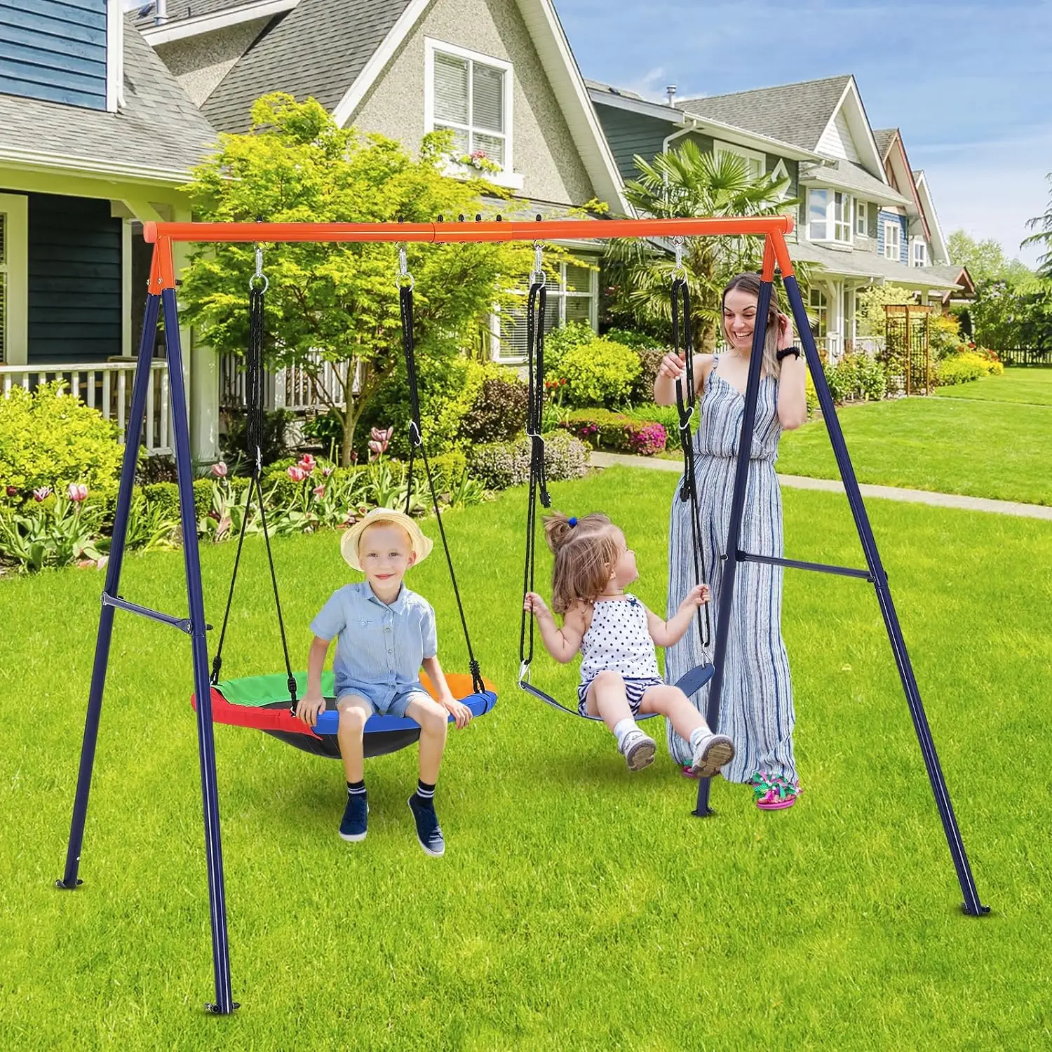 440lbs Saucer Swing Set with Heavy-Duty Metal A-Frame and Adjustable Ropes Round Swing Sets For Backyard Playground and Park