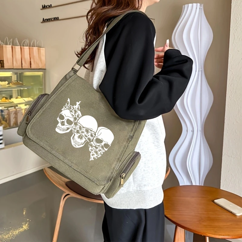Retro Men's Crossbody Bag Skull Print Canvas Large Capacity Women's Bag for Travel Messenger Bag