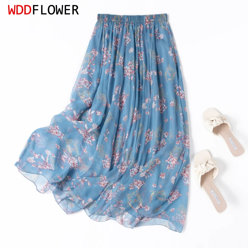 

Women Silk Skirt 100% Mulberry Silk Blue Floral Printed Long Type Skirt With Lining Summer Beach Big Hem M1072