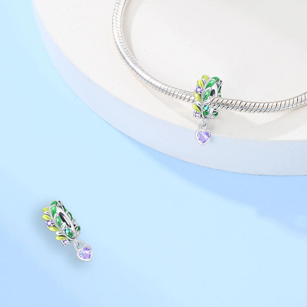 Silver Plated Beads with Colorful Crystal Pendant - Peace Dove, Globe, and Rose Heart Design