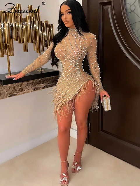 Znaiml Luxury 2023 Evening Celebrity Feathers Sheer Mesh Short Dresses for Women Sexy Pearls Rhinestones Party Birthday Vestidos 1
