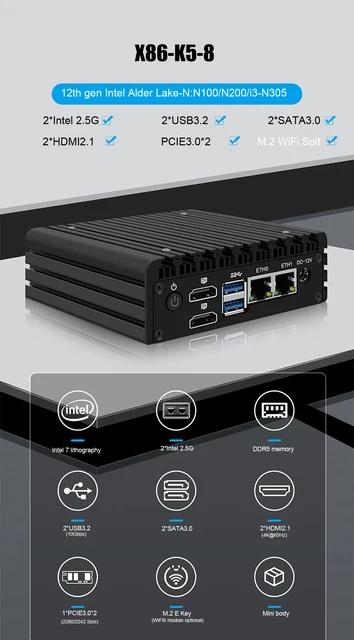 X86 Firewall Super Mini PC 12th Gen Intel i3 N305 N100 DDR5