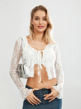 Women's Summer Lace Crop Tops Flare Long Sleeve Tie Front Sheer Cardigan Clubwear 5