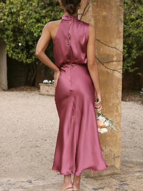 2025 Summer Fashion New Women's Elegant Banquet Style Elegant Solid Color Stacked Collar Sleeveless Sexy Party Style Long Dress 3