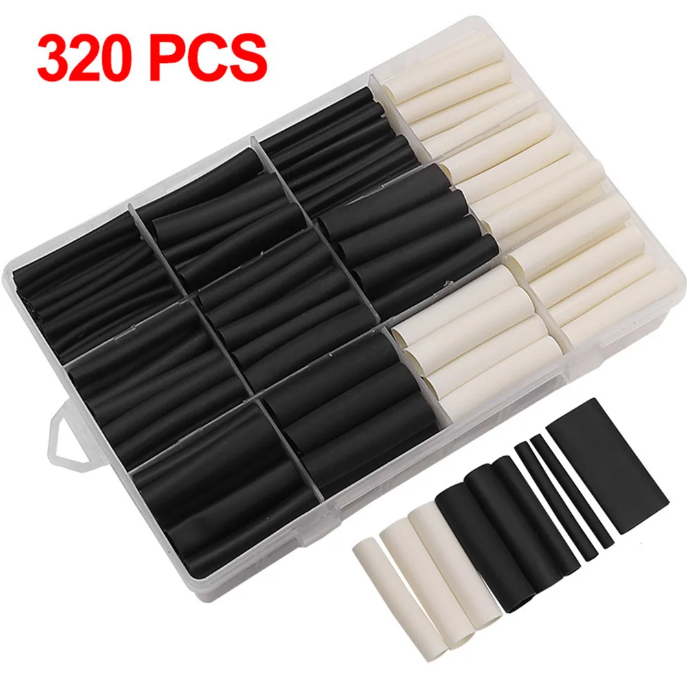 320PC Black and White Double-wall Heat Shrink Tube 3 Times Shrink Tube Set With Glue Heat Combined Insulation Sleeve