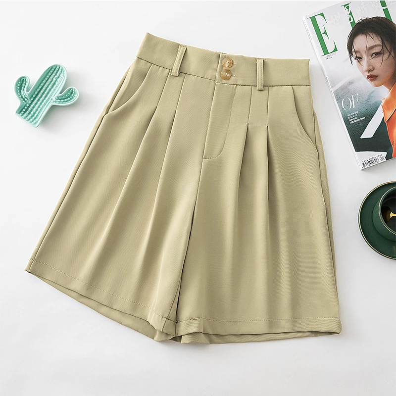 Summer New Womens Shorts Korean Loose High Waist Casual Basics Button Packet Wide-leg Short Pants Femal