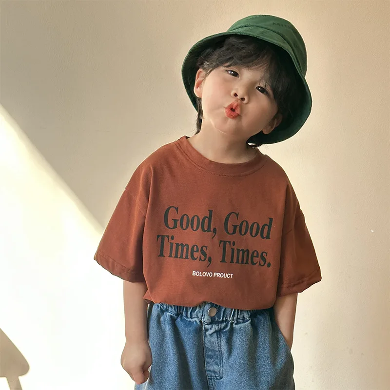 2024 Summer Fashion Loose Girl Children Letter Print T-shirt Boy Baby Cotton Short Sleeve Tees Kid Casual Tops Toddler Clothes 6