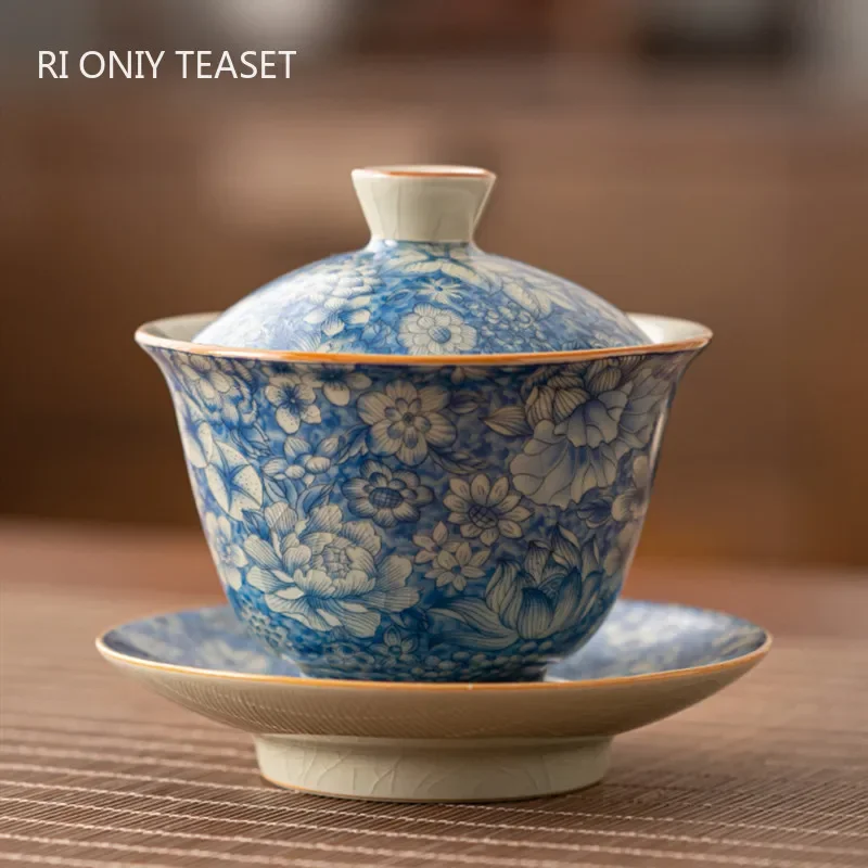 130ml Chinese Antique Ru Kiln Flowers Tea Tureen Covered Bowl Ceramic Gaiwan Teacup Household Tea Separator Travel Teaware