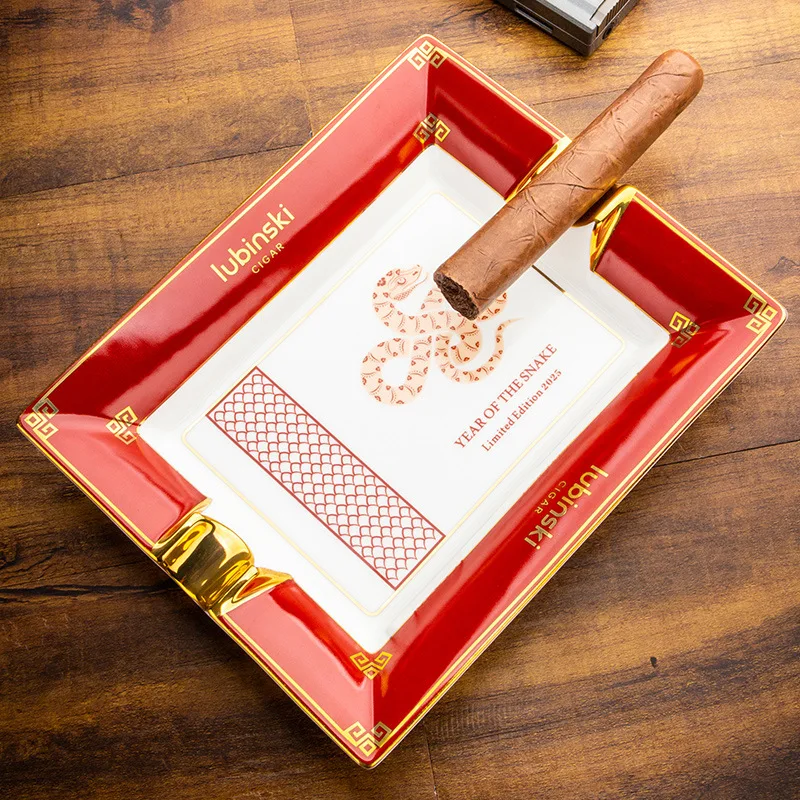 LUBINSKI Cigar Ashtray Year of the Snake Limited Edition Double Slot Bone Porcelain Gilded Large Capacity Square Cigar Ashtray