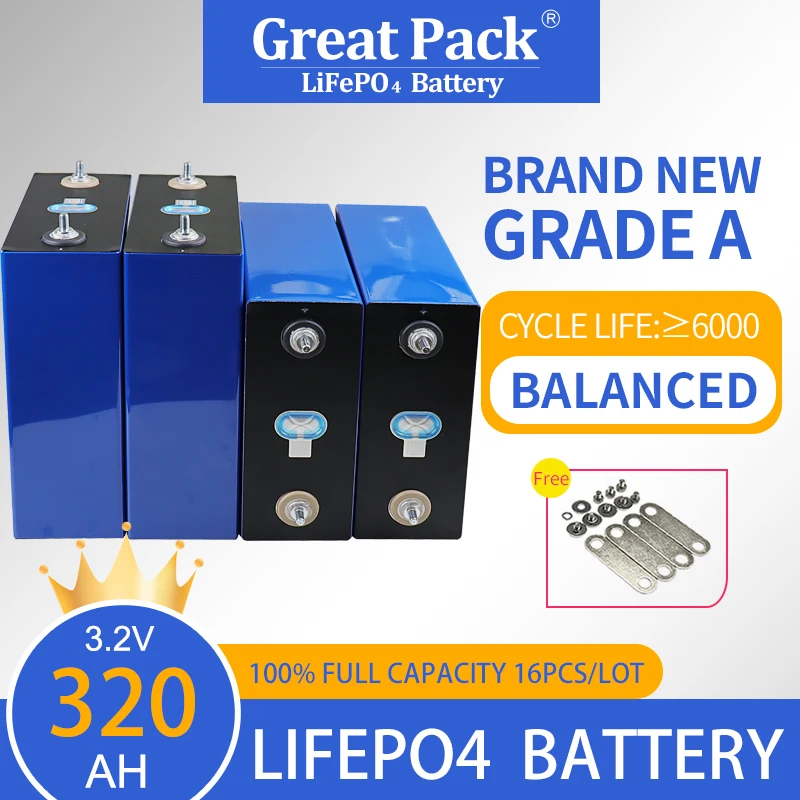 

16PCS 3.2V 320Ah Rechargeable Deep Cycle Lithium Ion Phosphate Battery Cell LiFePO4 100% Full Capacity Grade A Solar Power Bank
