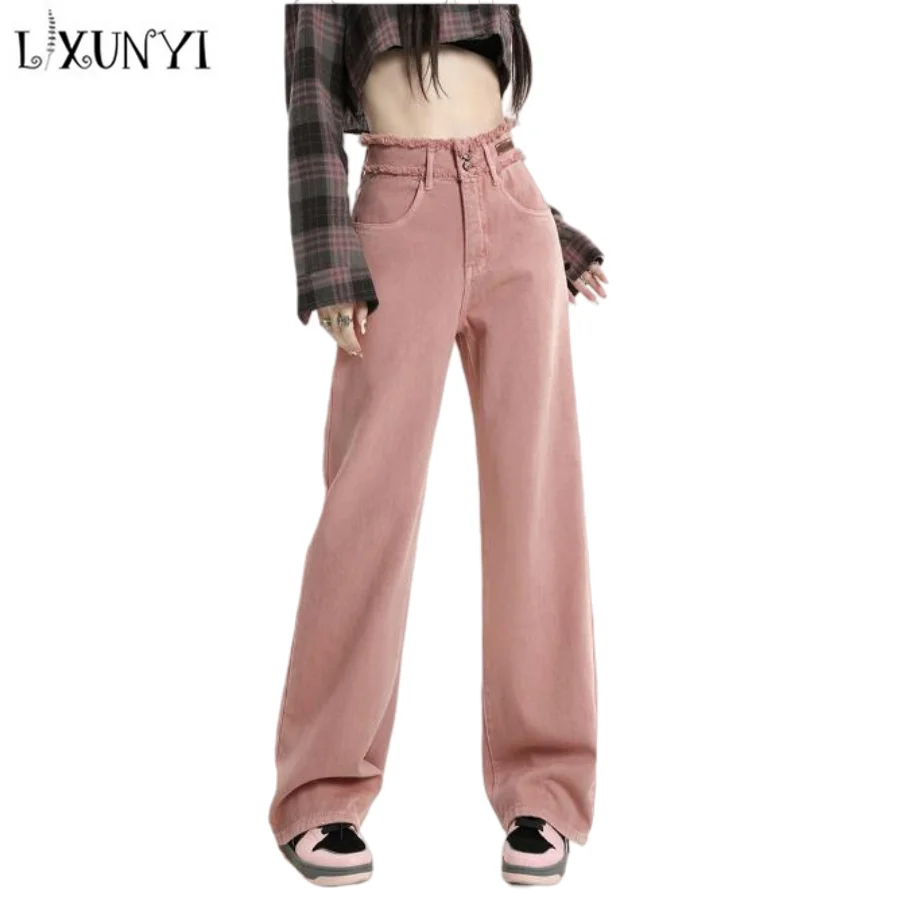 

Korean Fashion Jeans for Women Pink 2023 Spring Loose Straight High Waist Wide Leg Jean Trousers Denim New In Outdoor Clothes