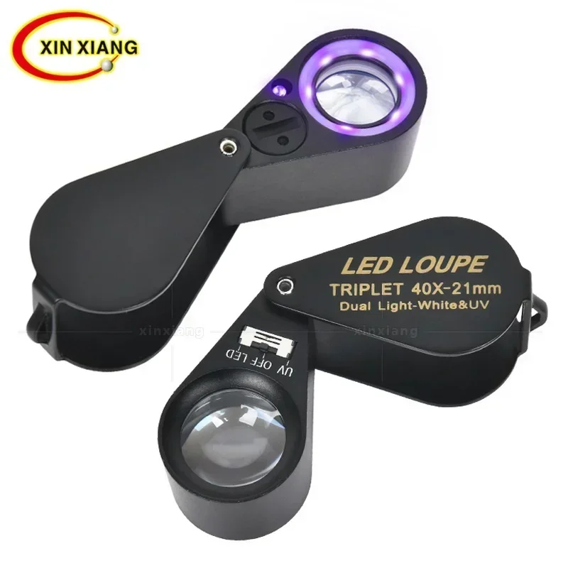 

Metal 40X Jeweler Magnifier Black 6 LED Lighs Magnifying Glass Backlit Jewelry Loupe UV Lamp High-end Handheld Illuminated Lupa