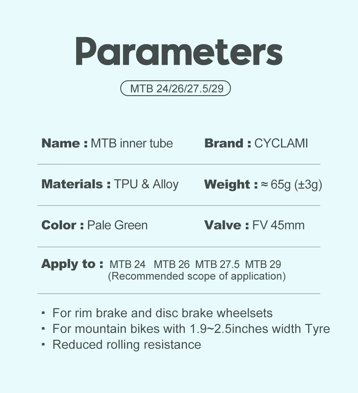 Description Picture 4 of itemCYCLAMI Ultralight Bike Inner Tube 26 27.5 29 Inches MTB Bicycle TPU Material Tire 45mm French Valve Super Light Anti-Oxidation