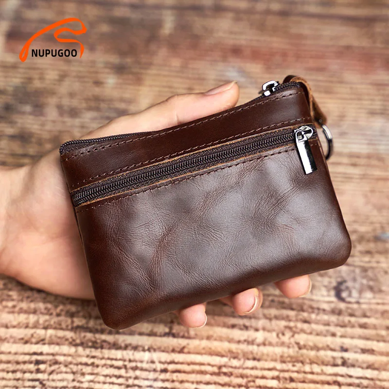 Vintage Brown Genuine Leather Mini Coin Purse with Zipper Pocket by NUPUGOO