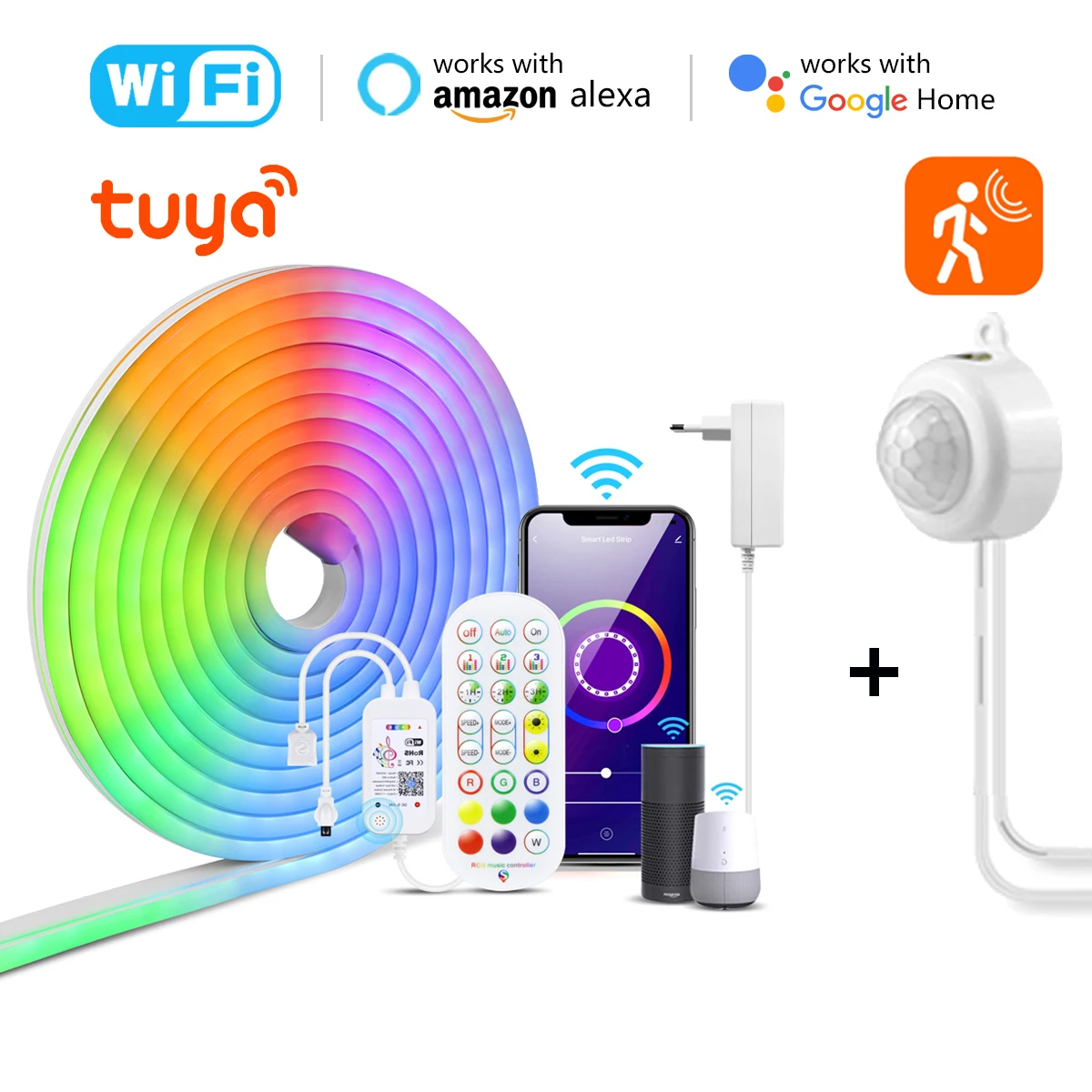 RGB LED Neon Sign Light Strip 12V DIY Pir Motion Sensor Switch Wifi Tuya Smart Home Decor APP Dimmable Flexible Tape Silicone-Q