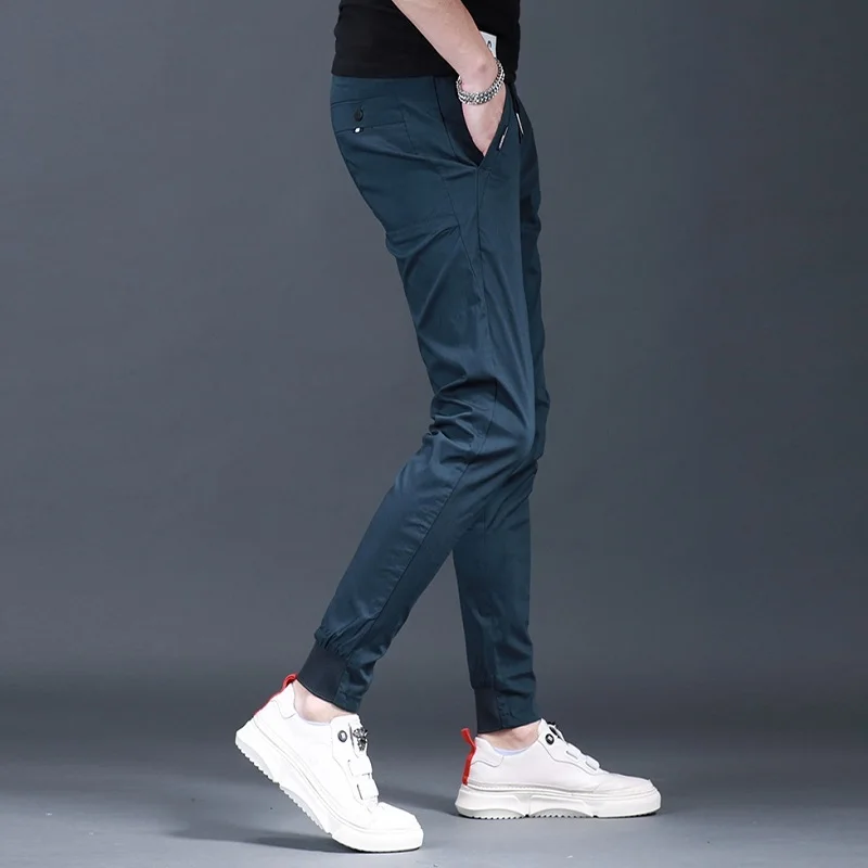 Men's Slim Fit Elastic Waist Black Pencil Pants Summer Fashion Casual Sport Drawstring Jogging Trousers