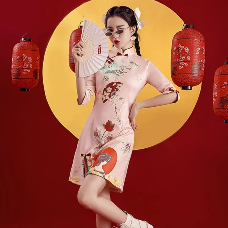 

Women Modern Improve Vintage Cheongsam National Style Fashion Print Dress Spring Pink Elegant Slim Girl Chinese Qipao Short